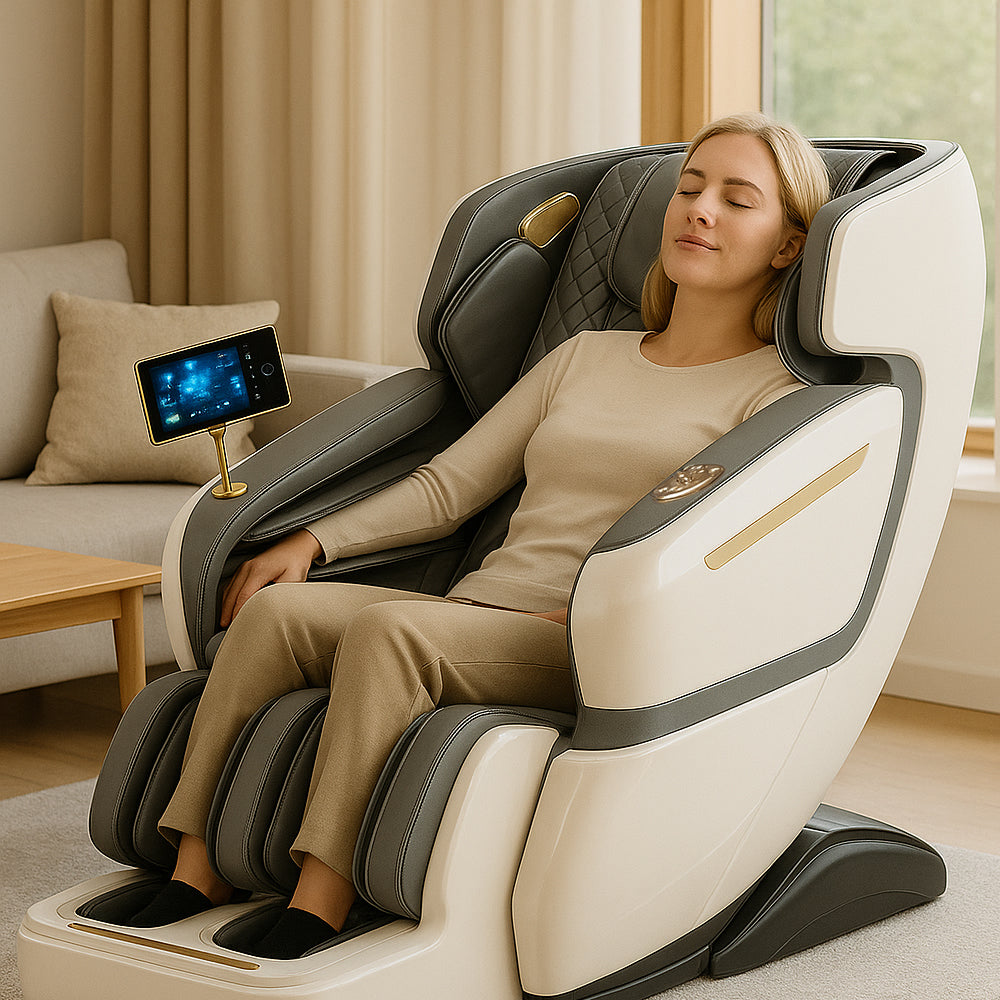 Massagestol 4D Luksus Pro+ med SL-teknologi, Varmeterapi, Stemme Kontrol & Touchskærm - Model M5 hvid