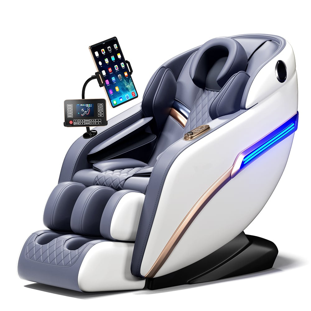 en massagestol med holder til ipad eller tablet.