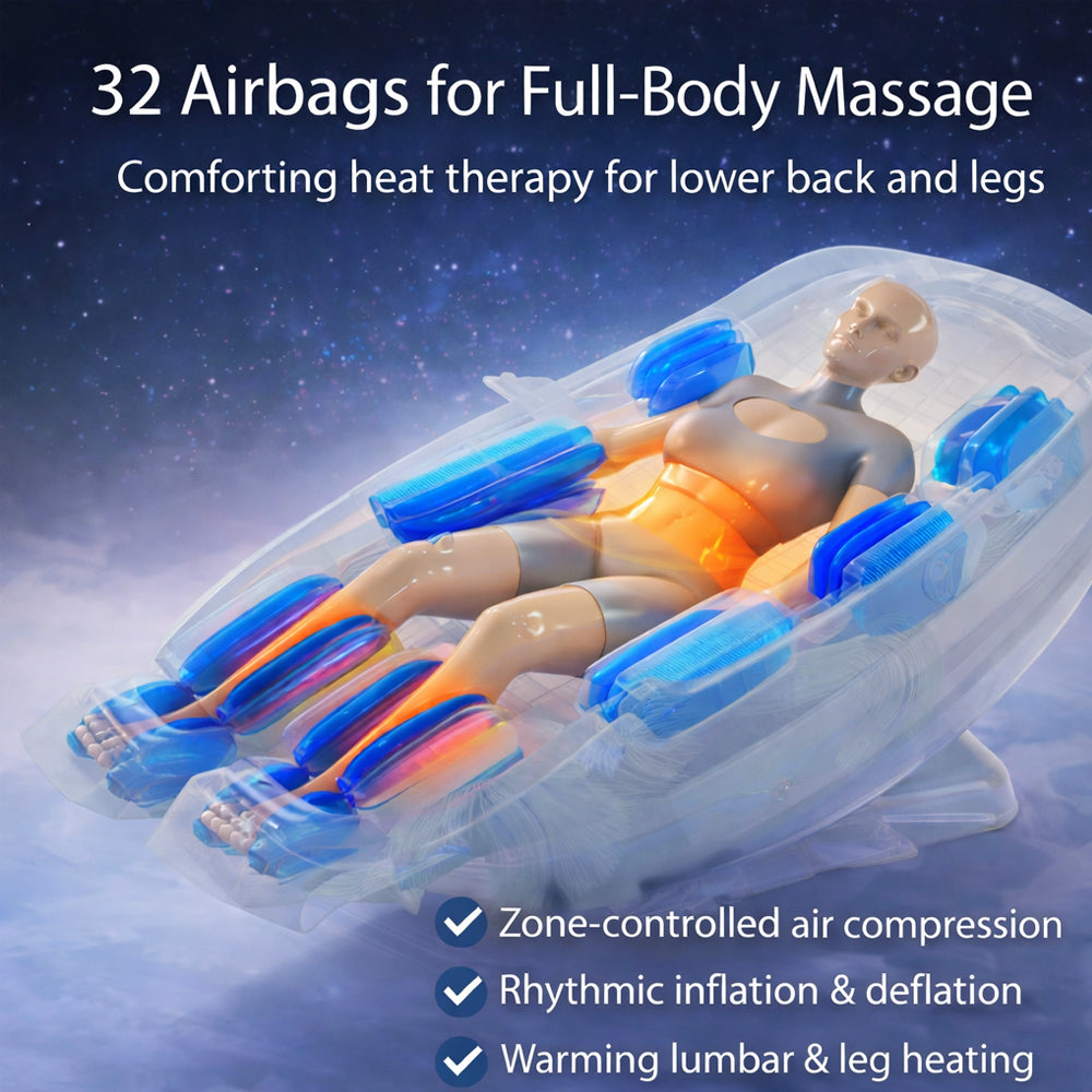 Massagestol 4D med AI-styring, Dual Zone Stretching, 32 airbags, varme i ben/læn & Zero Gravity - Model 988A
