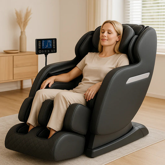 Massagestol 4D med SL-teknologi, lufttryksmassage, Varmeterapi og stor touchskærm - Model A6 Sort